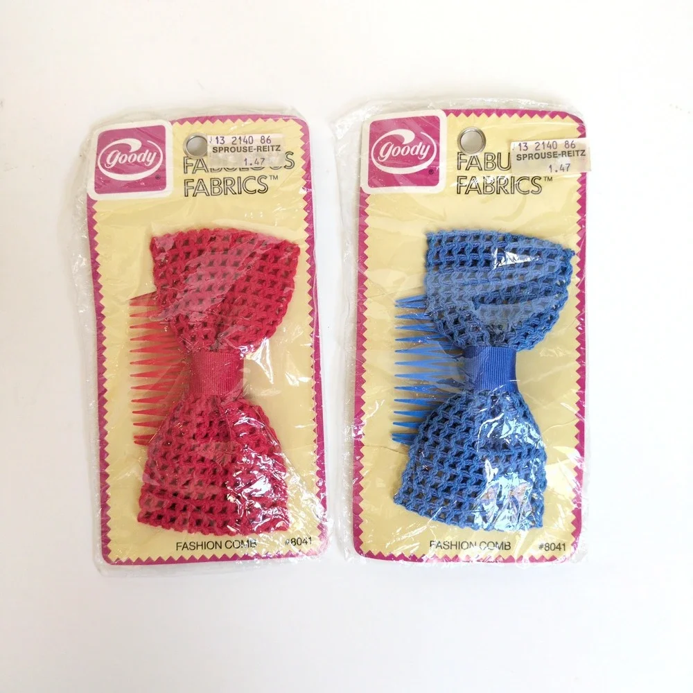 Vtg 80s Goody Fashion‎ Comb Crochet Bows Red Blue Fabu Fabrics 8041 Set 2